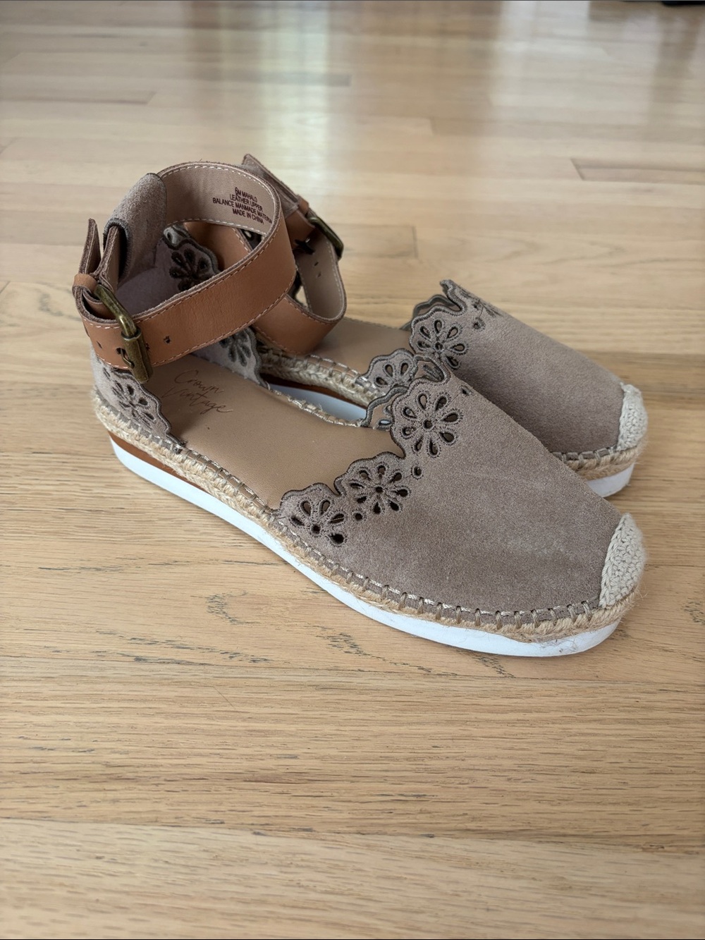 Crown Vintage Taupe Suede Scallop Espadrille Sandals with Tan Ankle Strap